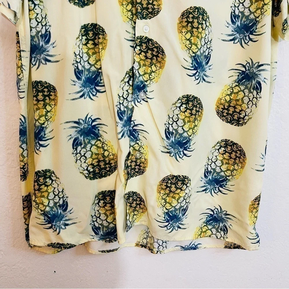 Banana Republic Pineapple Print Slim Soft Resort Shirt Size Large Yellow/Blue